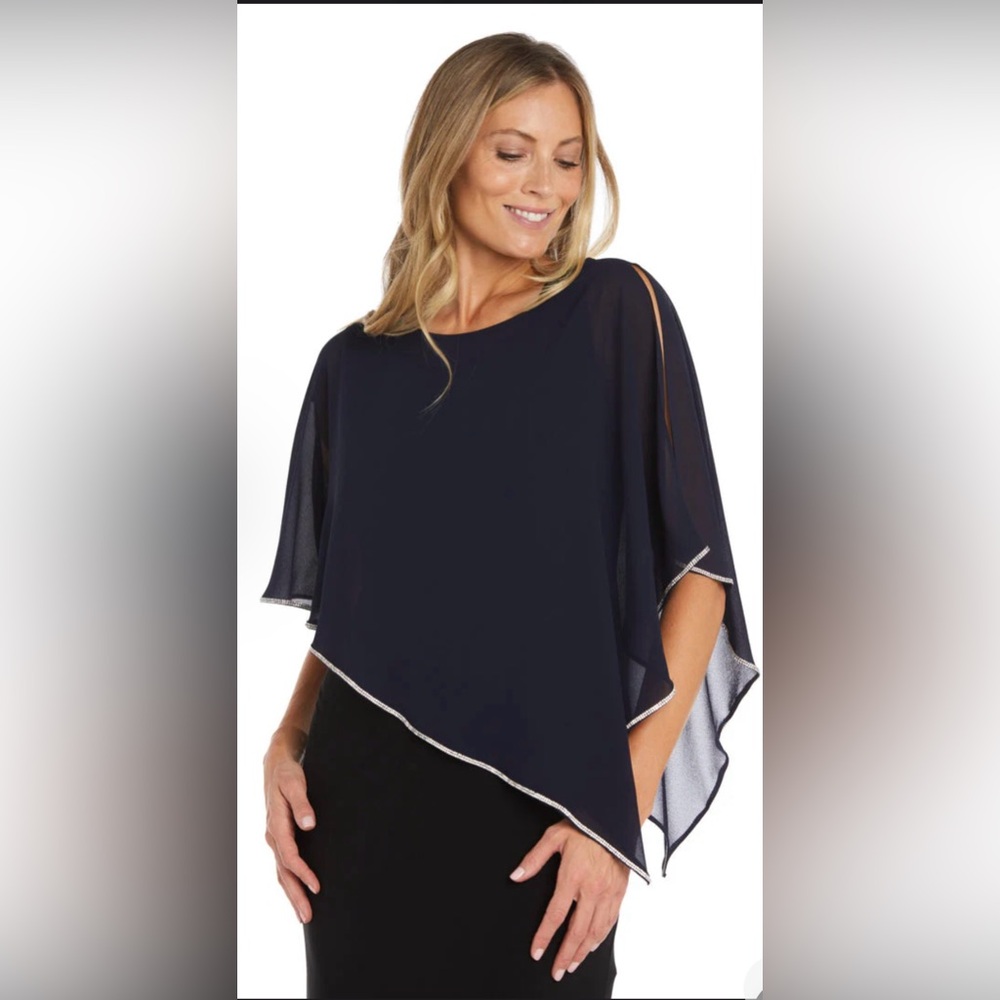 NWT - R&M Richards Midnight Blue Sheer Poncho with Rhinestone Trim